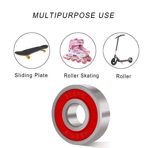 Eight 608RS double-shielded ball bearings with red seals for skateboards, inline skates, and roller skates.