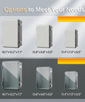 Weatherproof Outdoor Electrical Junction Box With Hinged Lockable Cover, Clear ABS Plastic Enclosure size options shown