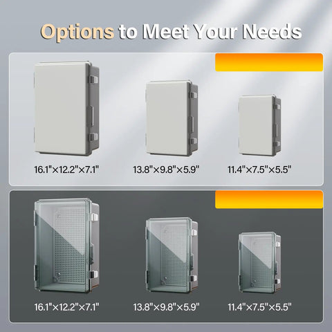 Weatherproof Outdoor Electrical Junction Box With Hinged Lockable Cover, Clear ABS Plastic Enclosure size options shown