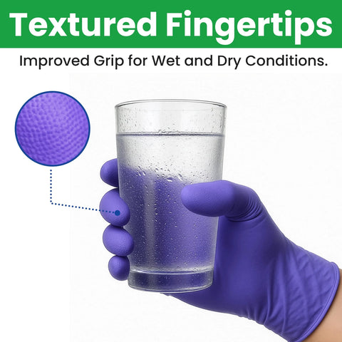 Purple nitrile disposable glove with textured fingertips on hand holding a glass of water.