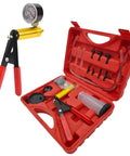 Backyard Mechanic Handheld Vacuum Pump Brake Bleeder Kit With Live Pressure Tester And Universal Gauge Adapters in red case.
