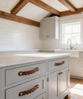 Braided Leather Drawer Pulls in Cognac Finish on kitchen cabinets, showing industrial rustic style hardware update, 2 pack.