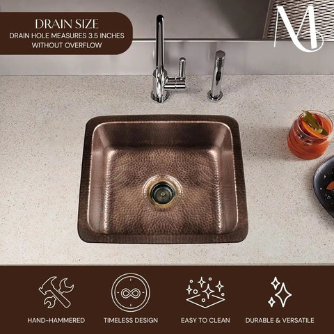 Pure Copper Kitchen And Bar Sink With Hand Hammered Finish 17 Inch Highball Dual Mount Drop In Or Undermount Deep Rectangular Bowl