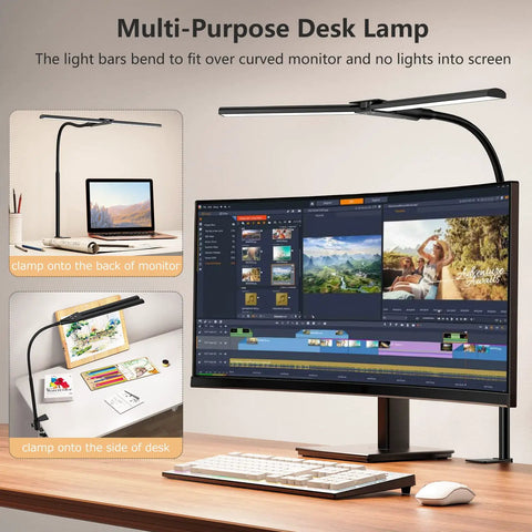 Double Head LED Desk Lamp For Home Office And Studio, 25.1 Inch Light Bar, mounted on desk and monitor, flexible angles