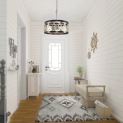 Entryway with Three Light Wood Drum Chandelier In Brushed Nickel Finish With Dope Modern Farmhouse Vibe, Rustic Silver Chrome