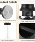 Kickstart Your Daily Grind With This Dope 6 Piece Espresso Accessory Kit Featuring A Heavy Duty 58 Mm Tamper, showing heavy base, scale markings, metal needles, and knock box.