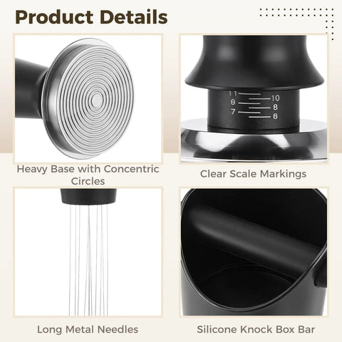 Essential Six Piece Espresso Accessories Kit Featuring 58 Mm Heavy Duty Tamper, showing heavy base with concentric circles and clear scale markings.