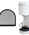 Snap-On Drip Tray Cover For Keurig K-Mini Coffee Maker With Precision 4.5-Inch Base Fit shown with coffee machine and glass
