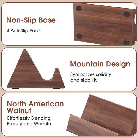 Walnut Wood Card Holder And Desk Organizer For Storing And Displaying Cards, Sleek Mountain Style Card Stand With Non Slip Base
