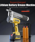 24V Battery Powered Grease Machine Kit with 18 Inch Hose and Hard Pipe 12000 PSI High Pressure Electric Grease Gun displayed