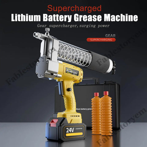 24V Battery Powered Grease Machine Kit with 18 Inch Hose and Hard Pipe 12000 PSI High Pressure Electric Grease Gun displayed