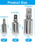 Universal Joint Socket Set 3-Piece For 1/4 In, 3/8 In, And 1/2 In Drives, Built Tough With Chrome Vanadium Steel, Rust-Resistant Finish, Spring-Loaded Locking Ball, Smooth Swivel Action For Hard-To-Reach Angles And Quick Reliable Access. size chart for 1/4, 3/8, and 1/2 inch drives