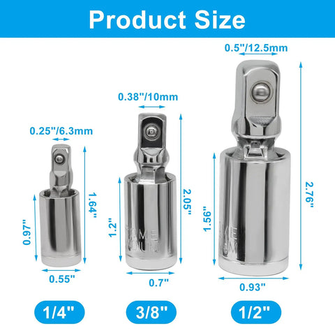 Universal Joint Socket Set 3-Piece For 1/4 In, 3/8 In, And 1/2 In Drives, Built Tough With Chrome Vanadium Steel, Rust-Resistant Finish, Spring-Loaded Locking Ball, Smooth Swivel Action For Hard-To-Reach Angles And Quick Reliable Access. size chart for 1/4, 3/8, and 1/2 inch drives