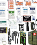 250 Piece Survival First Aid Kit IFAK EMT MOLLE Pouch with medical supplies and tools for camping, hiking, and emergency use.