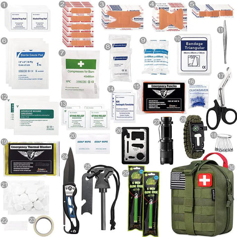 250 Piece Survival First Aid Kit IFAK EMT MOLLE Pouch with medical supplies and tools for camping, hiking, and emergency use.