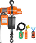 VEVOR electric chain hoist with orange housing, 2200 lb capacity, chain and hook, battery box, wired and wireless remotes