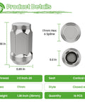 Chrome Golf Cart Lug Nuts Set 16 For EZGO And Club Car, 1/2-20 Thread, detailed dimensions, hex size and spline features.