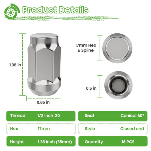 Chrome Golf Cart Lug Nuts Set 16 For EZGO And Club Car, 1/2-20 Thread, detailed dimensions, hex size and spline features.
