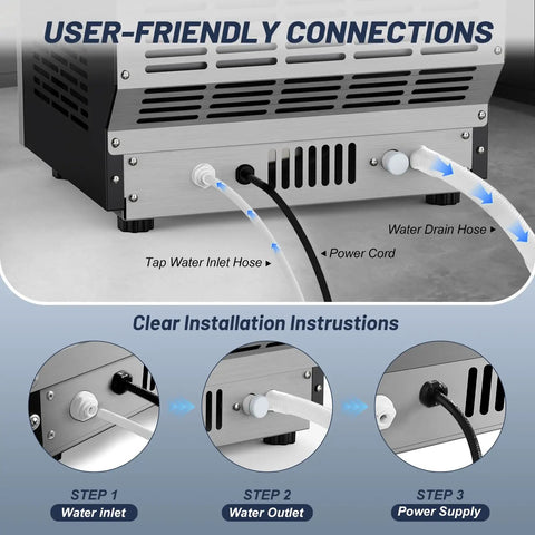 Back view of Nugget Ice Maker Machine With 100 Lbs Per Day Output showing water connections and power cord installation.