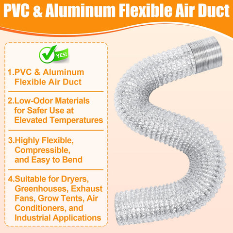 PVC and aluminum flexible air duct coiled in an S-shape with highlighted features beside, including flexibility and safe materials.