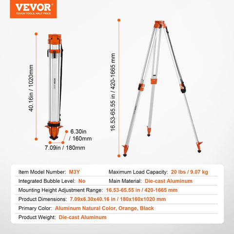 Heavy Duty Laser Level Tripod Stand With Five Eighths Inch Eleven Thread Mount Adjustable From Sixteen To Sixty Five Inches Aluminum Pro Grade Construction Retractable Legs Non Skid Feet Supports Up To Twelve Pounds, folded and extended