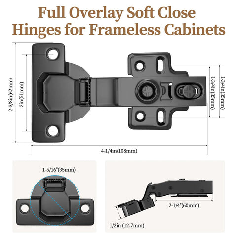 Zero Drama Soft Close Concealed Cabinet Hinges Full Overlay European Adjustable Frameless Door Mounts dimensions and design detail