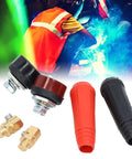 Top Tier 12 Piece Welding Cable Panel Connector Quick Fit Plug Socket Set With Red And Black ABS Housing For Super Stable Power Supply And Easy Grip During Heavy Duty Job Sites featuring two connectors and two color-coded shells.