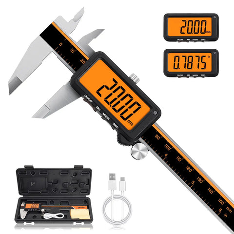 Rechargeable Digital Caliper With Large Orange Screen Anti Glare LCD ABS Function 6 Inch Caliper Measuring Tool In MM