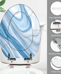 Elongated Resin Toilet Seat for Bathroom, blue marble design, measures 14.5" x 18.5", features stainless steel hinges.