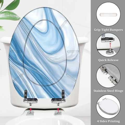 Elongated Resin Toilet Seat for Bathroom, blue marble design, measures 14.5" x 18.5", features stainless steel hinges.