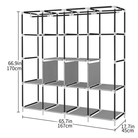 Image of Your Go To Portable Wardrobe With 4 Hanging Rails And Shelves Heavy Duty Steel Frame Black Clothes Organizer shown in dimensions.