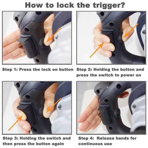 Instructions on locking the trigger of a 13A Single Paddle Concrete Mortar Mixer With 5 Eighth Inch Keyed Chuck Soft Start And Constant Speed
