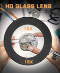 Hands using Desk Magnifying Lamp With Light And Clamp Base, 10X And 15X Magnification, 72 LED Glass Lens for detailed electronics repair