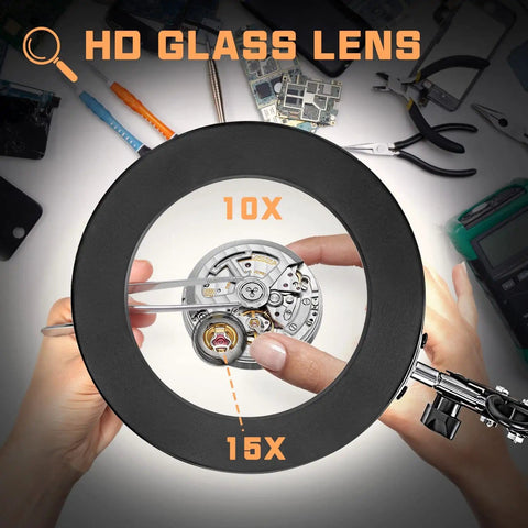 Hands using Desk Magnifying Lamp With Light And Clamp Base, 10X And 15X Magnification, 72 LED Glass Lens for detailed electronics repair
