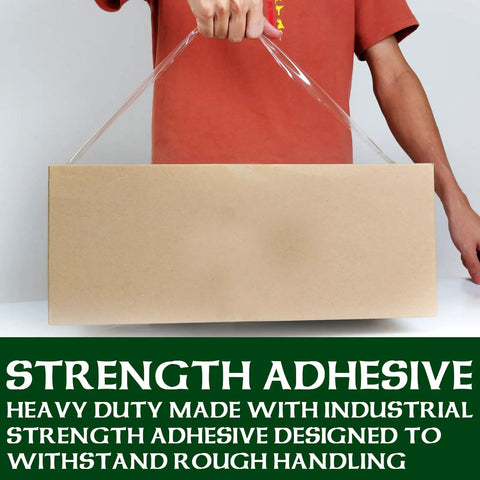 Person holding a large box sealed with Heavy Duty Clear Packing Tape Bundle For Shipping And Moving, 24 Rolls, Bulk Packaging.