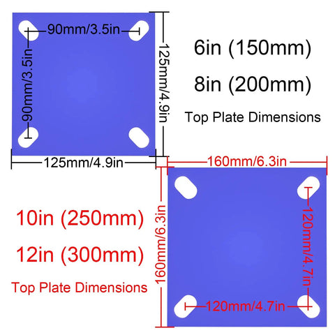 Top plate dimensions for Four Pack Super Heavy Duty Swivel Caster Wheels With Brake Solid Rubber Tires On Rugged Steel Brackets.