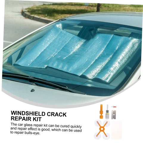 Quick Fix Windshield Crack Repair Kit For Cars on car windshield with application tools visible