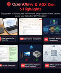 OpenClaw & AGX Orin highlights, featuring data isolation, ecosystem integration, WhatsApp connectivity, self-evolution, all-in-one solution, offline deployment.