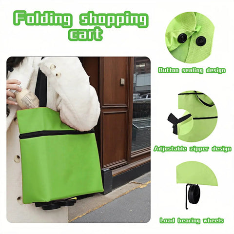 2-In-1 Foldable Shopping Cart With Wheels, green oxford fabric tote with button seal, adjustable zipper, and wheels