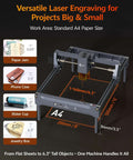 Front view of a gray 10W laser engraver with A4-sized 200x300 mm work area on a metal frame