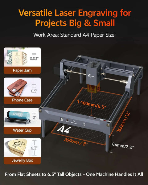 Front view of a gray 10W laser engraver with A4-sized 200x300 mm work area on a metal frame