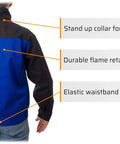 Back view of Flame Resistant FR Cotton Welding Jacket With Snap Front And Wrist Closures In Black And Blue, showing stand-up collar and elastic waistband.