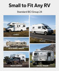 Various RVs and trailers compatible with 12V 100Ah Bluetooth LiFePO4 Battery For Camper, RV, Van, Trailer, And Boat Deep Cycle Group 24.