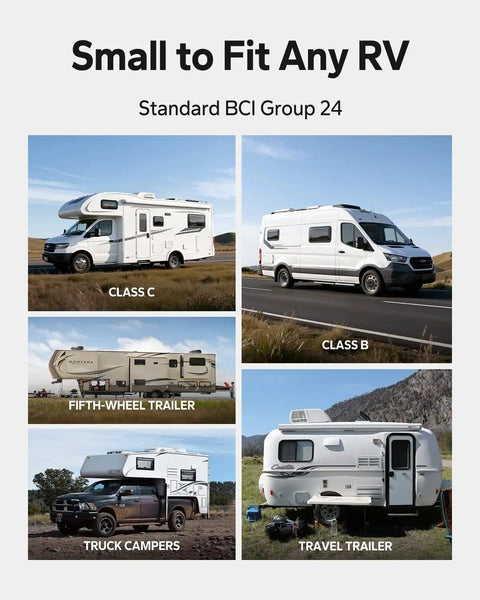 Various RVs and trailers compatible with 12V 100Ah Bluetooth LiFePO4 Battery For Camper, RV, Van, Trailer, And Boat Deep Cycle Group 24.