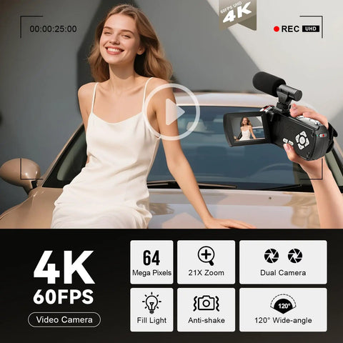 4K UHD 60FPS Camcorder With 64MP Dual Lens For YouTube And TikTok Vlogging, 3 Inch IPS Screen, External Mic And Remote