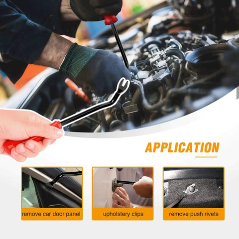120 Piece Universal Car Retainer Bumper Clips Push Pin Rivet Kit With Fastener Remover Tool being used for auto trim repair.