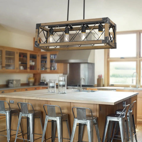 5 Light Rustic Farmhouse Linear Chandelier For Kitchen Island And Dining Room 27 Inch Wood And Metal Pendant Light Over Table