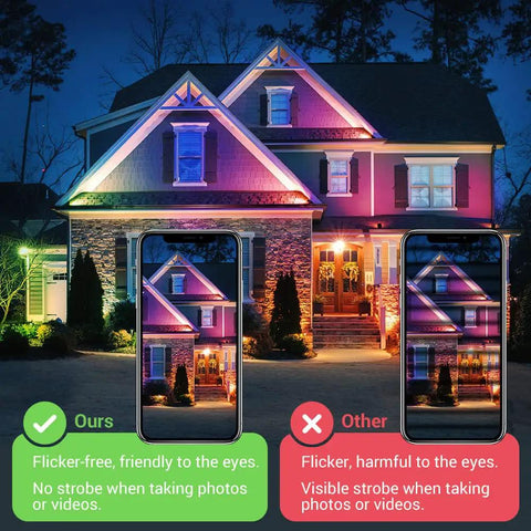 Outdoor RGB CW 20W LED Flood Lights 4 Pack illuminating house with app control, flicker-free comparison, IP65 waterproof for yards