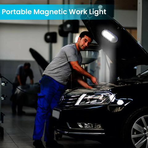 Mechanic using Three Pack LED Work Lights With Magnetic Back Rotatable Hook And Push Button Power Pocket Sized Battery Operated Lights for car repair