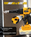 Daspom Cordless Pop Rivet Gun With Brushless Motor demonstrating forward and reverse rotation on metal surface.